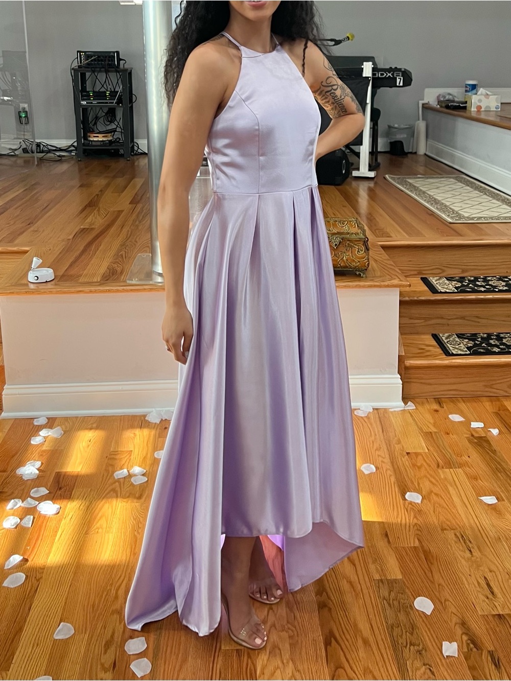 Halter Lavender High-Low Satin Bridesmaid Dress